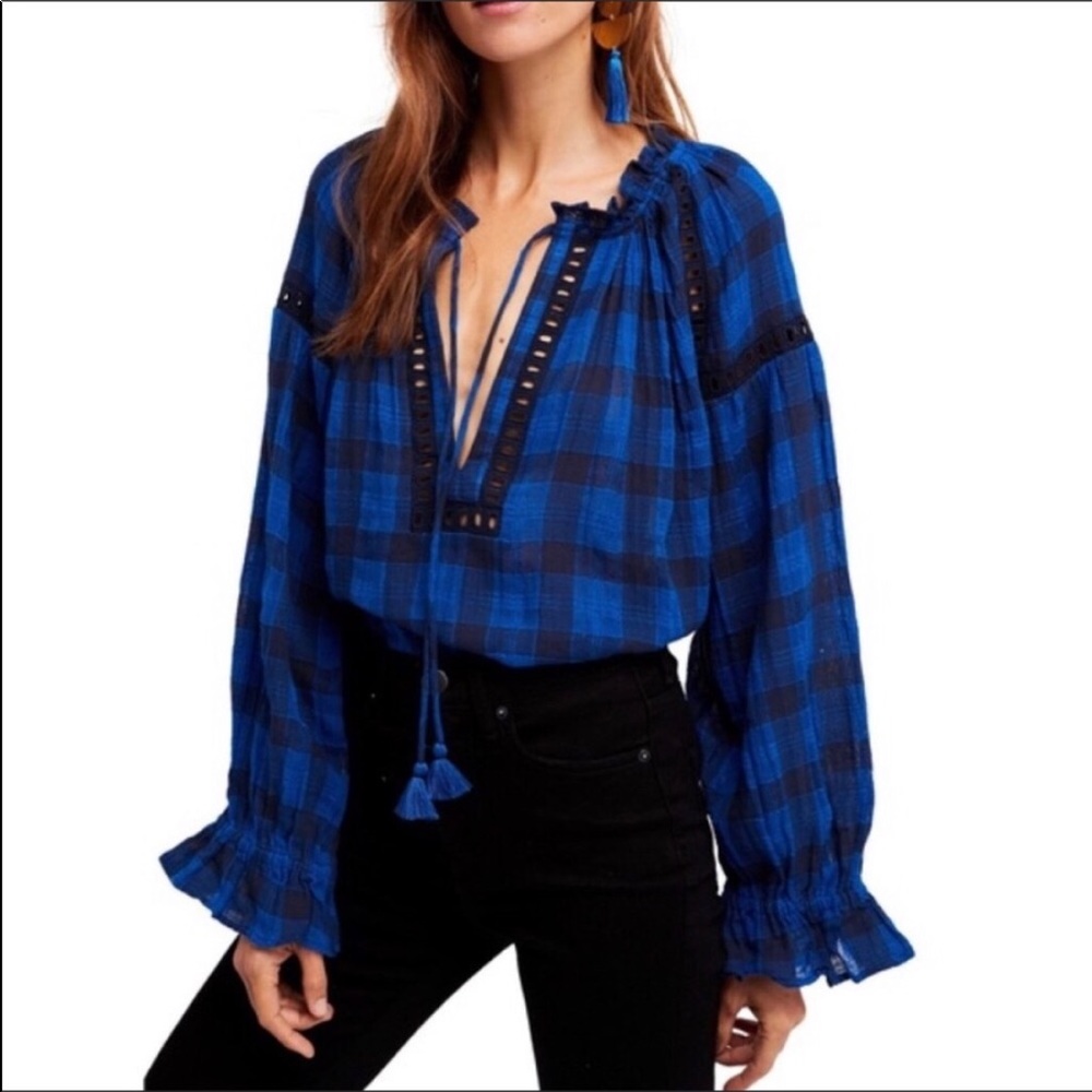 Free People Plaid Honey Grove Long Sleeve Blouse